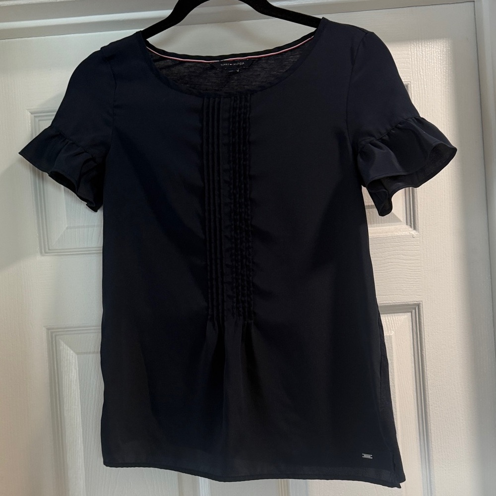 Tommy Hilfiger Navy Blouse with Ruffle Sleeves